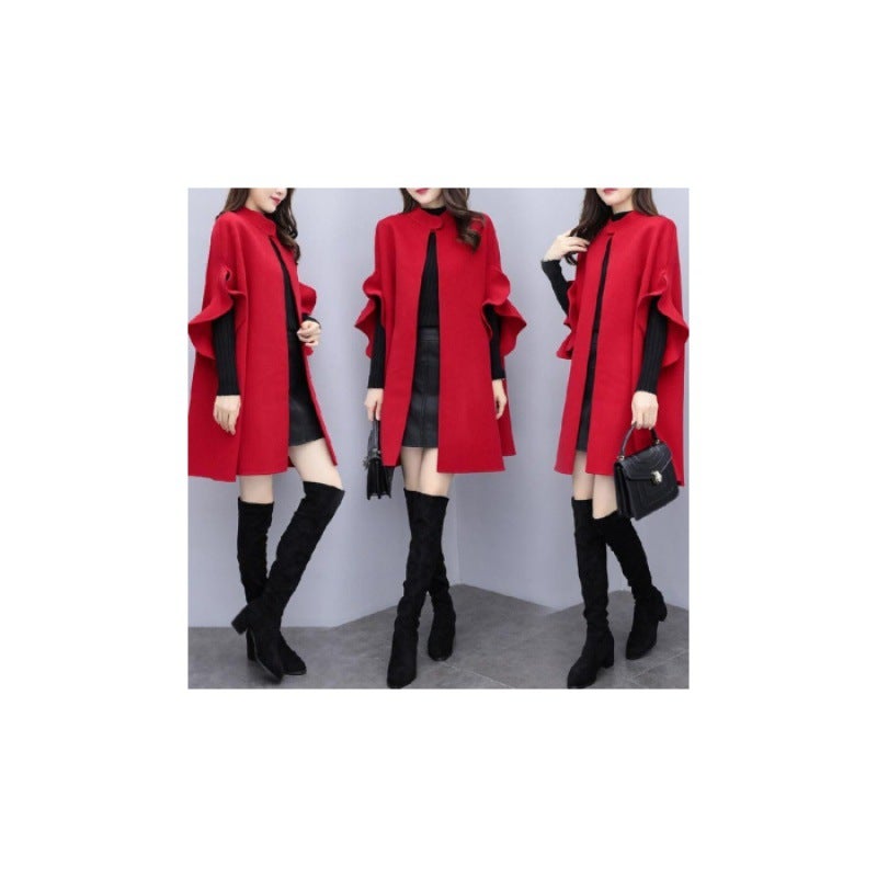 New womens spring, autumn and winter plus size mid-length woolen coat womens red British A- line Cape woolen coat Wine red  - Image 2