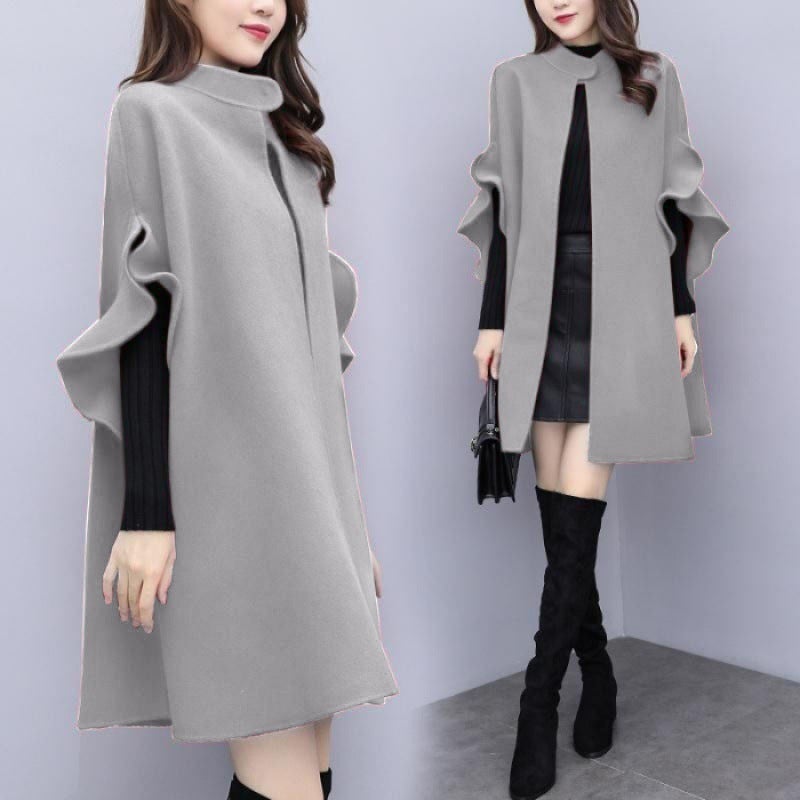 New womens spring, autumn and winter plus size mid-length woolen coat womens red British A- line Cape woolen coat Wine red  - Image 3