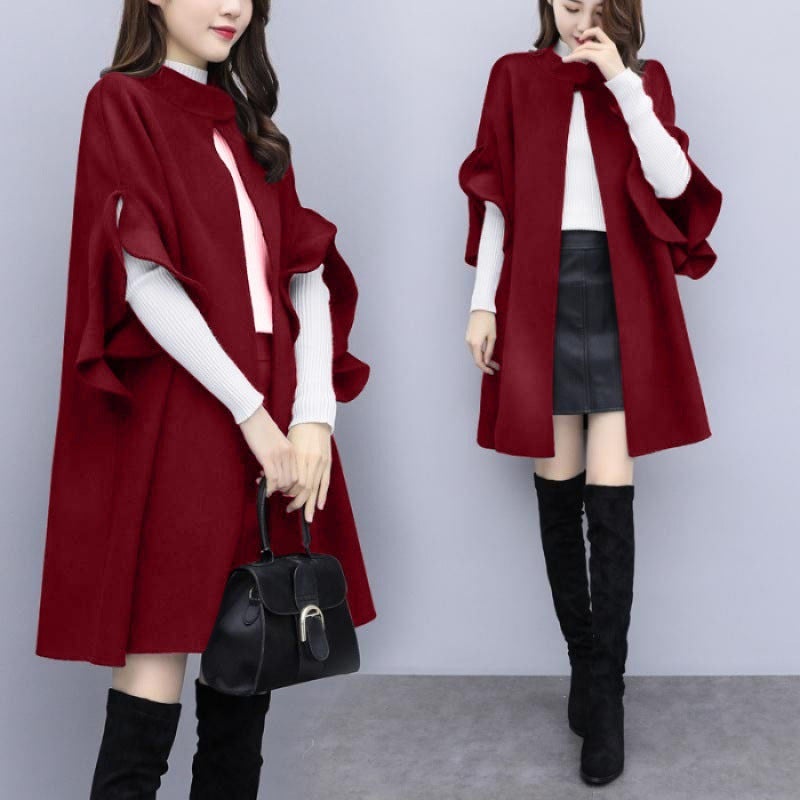 New womens spring, autumn and winter plus size mid-length woolen coat womens red British A- line Cape woolen coat Wine red  - Image 1