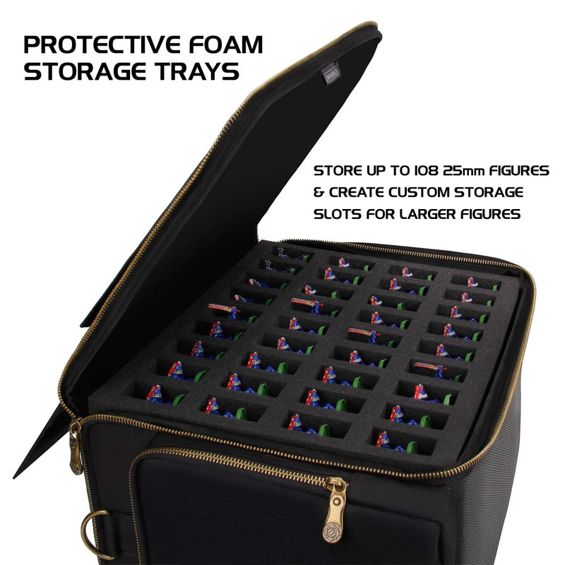 ENHANCE Portable Miniature Figure Storage & Carrying Case - 4 Foam Layers fits 108 Infantry Minis & Pick & Pluck for Large Figures - Book Sleeve & 2 Accessory Pockets for Measuring Tape, Dice & More - Image 3