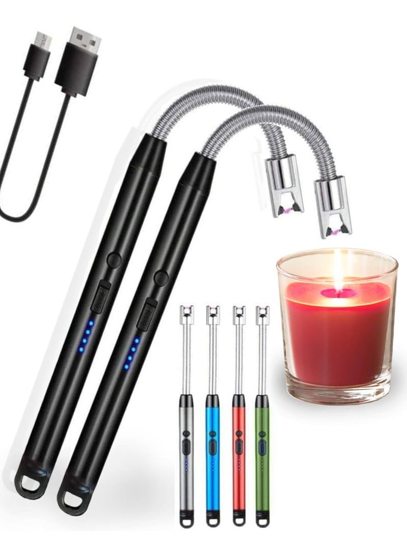Electric Lighter with Flexible Neck, Flameless Windproof Long Candle Lighter with Led Battery Display, Safety Lock & USB C Rechargeable with Hanging Hook for Gifts BBQ| Assorted Colors (Pack Of 2)  - Image 1