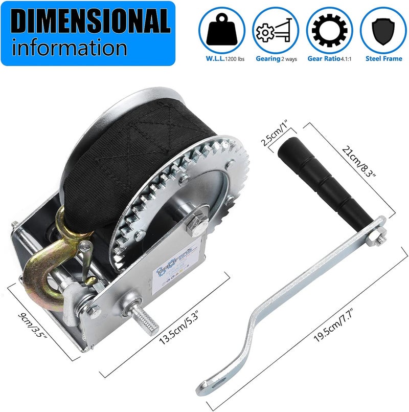 PROFLine 1200lbs Hand Winch Heavy Duty Boat Winch Two-Way Ratchet Gear Small Manual Winch Crane Weight Moving Nylon Strap for ATV Truck Towing Rope Winch - Image 2