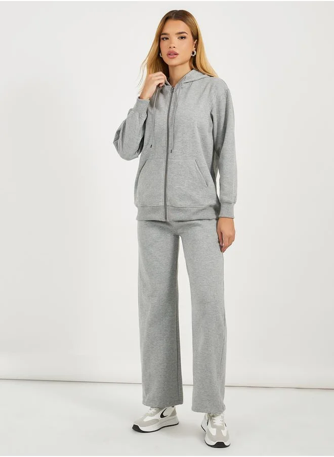 Styli Solid Front Zip Hoodie & Wide Leg Joggers Co-Ords