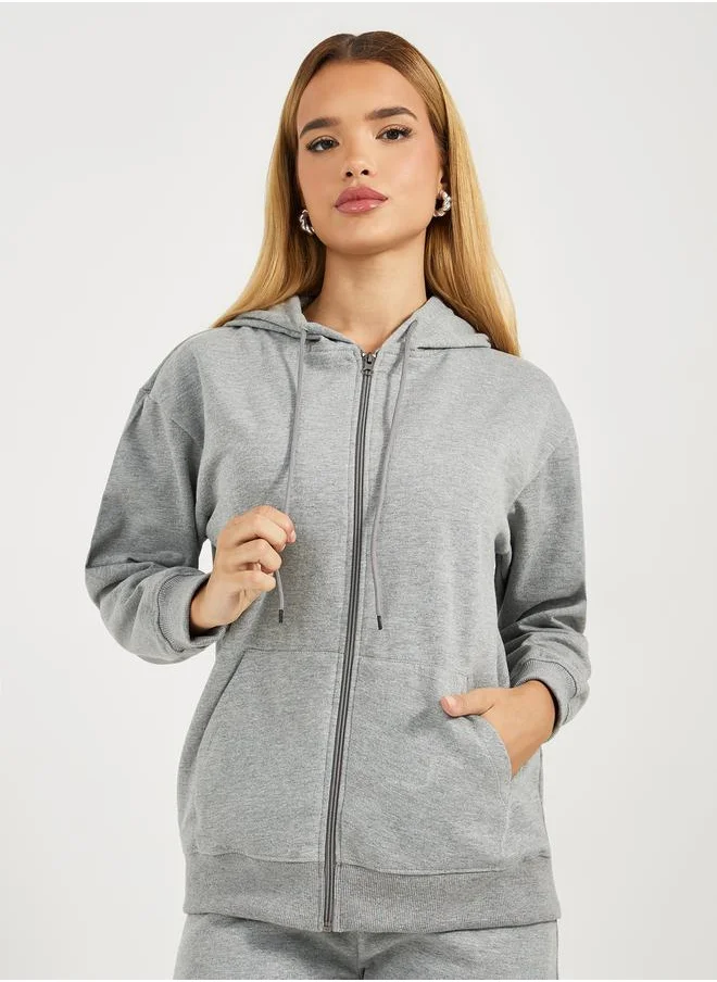 Styli Solid Front Zip Hoodie & Wide Leg Joggers Co-Ords