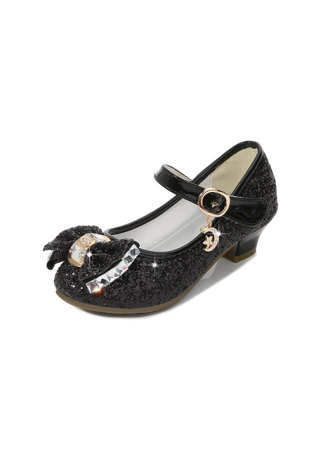 Spring And Autumn New Girls' High-heeled Leather Shoes Sequined Crystal Shoes Little Girls' Bow-knot Children's Dance Shoes