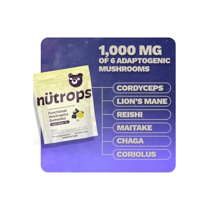 Grüns Nutrops Lions Mane Mushroom Gummies for Adults, Functional Nootropics, Herbal Brain Supplement for Energy, Brain Health, Cognitive, Memory & Focus, Reishi, Chaga, Cordyceps, Coriolus, 28 Count - Image 3