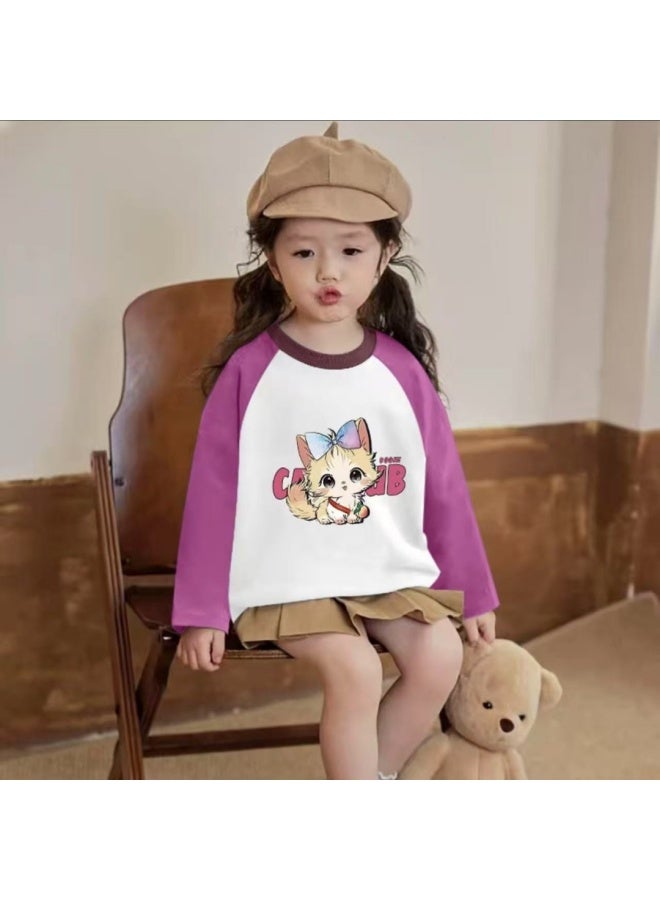 Girls' Pure Cotton T-shirt, Trendy New Style, Children's Spring And Autumn Baby Versatile Long Sleeved Bottom Splicing Top, Autumn Outfit