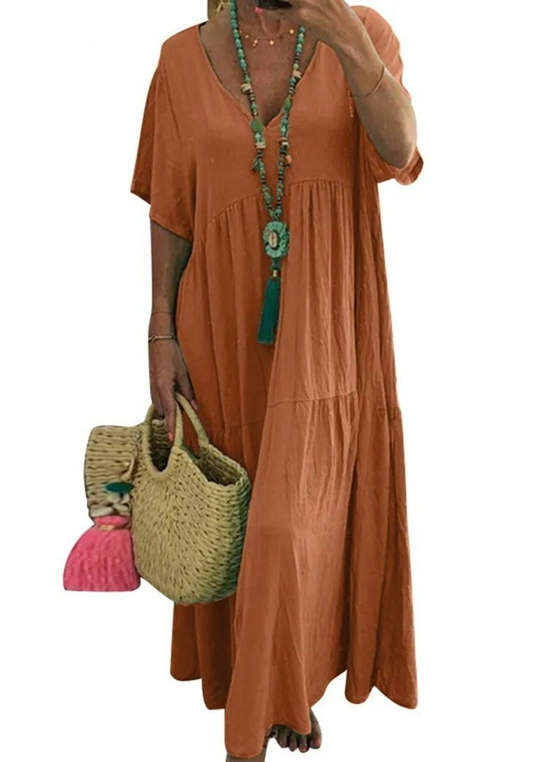 Loquat Womens Summer Loose Casual Short Sleeve Dresses Solid Color V-Neck Ruffled Maxi Dress Orange