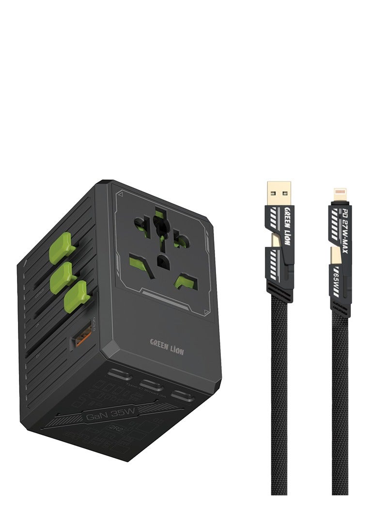 GREEN LION GaN Adapter 35W 6 in 1 with 2 in 2 Cable / 4-USB-C/1 USB-A / Fast Charging/ Universal AC Sockets / with Multi-Port USB Cable / 2500W Max /For Travel / Safe and Reliable Travel Adapter - Black - Image 1