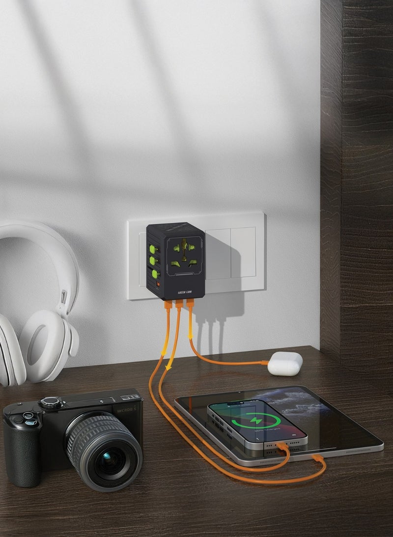 GREEN LION GaN Adapter 35W 6 in 1 with 2 in 2 Cable / 4-USB-C/1 USB-A / Fast Charging/ Universal AC Sockets / with Multi-Port USB Cable / 2500W Max /For Travel / Safe and Reliable Travel Adapter - Black - Image 2