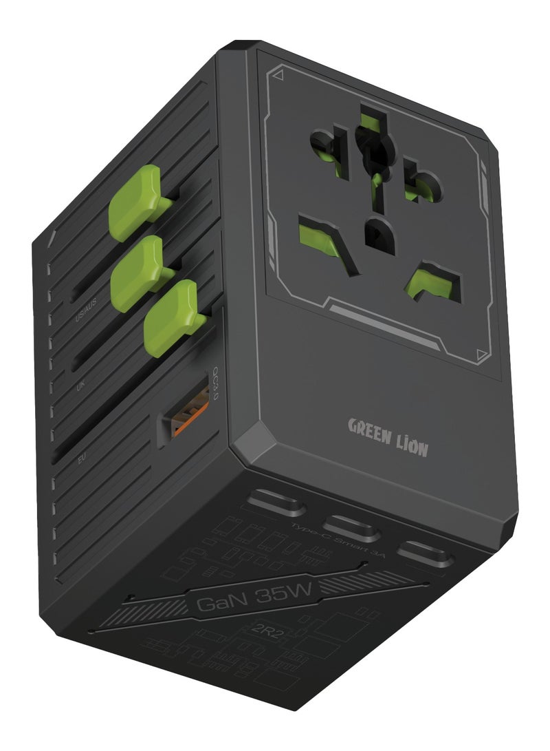 GREEN LION GaN Adapter 35W 6 in 1 with 2 in 2 Cable / 4-USB-C/1 USB-A / Fast Charging/ Universal AC Sockets / with Multi-Port USB Cable / 2500W Max /For Travel / Safe and Reliable Travel Adapter - Black - Image 4