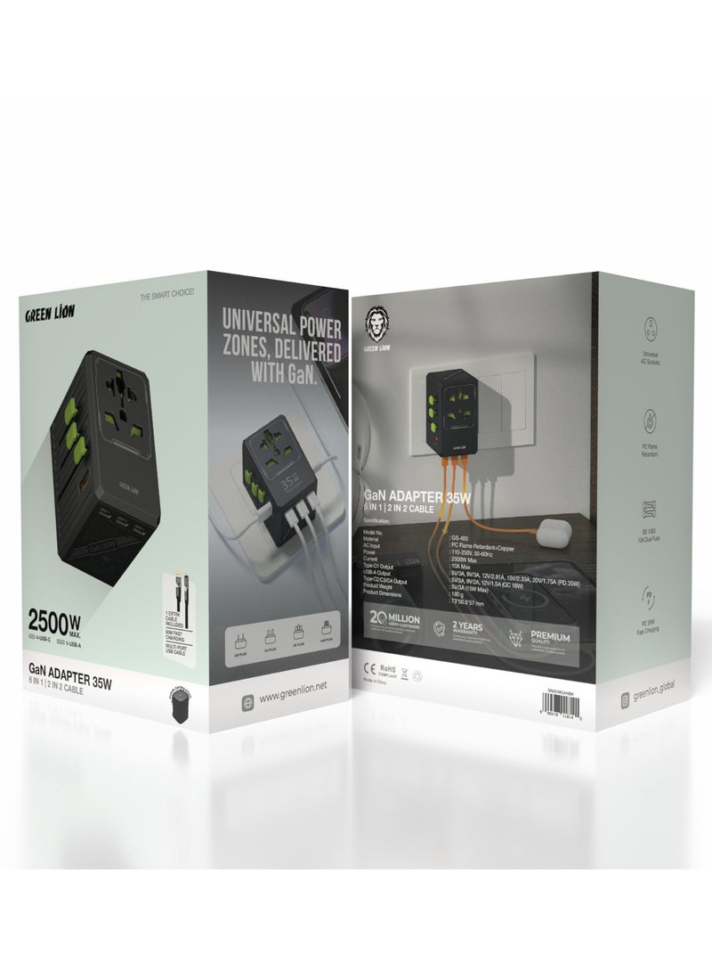 GREEN LION GaN Adapter 35W 6 in 1 with 2 in 2 Cable / 4-USB-C/1 USB-A / Fast Charging/ Universal AC Sockets / with Multi-Port USB Cable / 2500W Max /For Travel / Safe and Reliable Travel Adapter - Black - Image 5