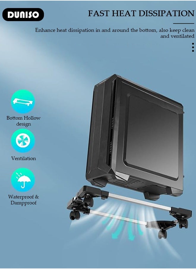 DUNISO - Adjustable CPU Stand, Mobile PC Rack,Hollow Cooling Pc Host Tower Stand, CPU Bracket cart with Wheels，Desktop PC Host Base Tray,Movable Pulley Chassis Shelf, Computer Tower Stand, CPU Holder Stand for Home, Office - Image 1