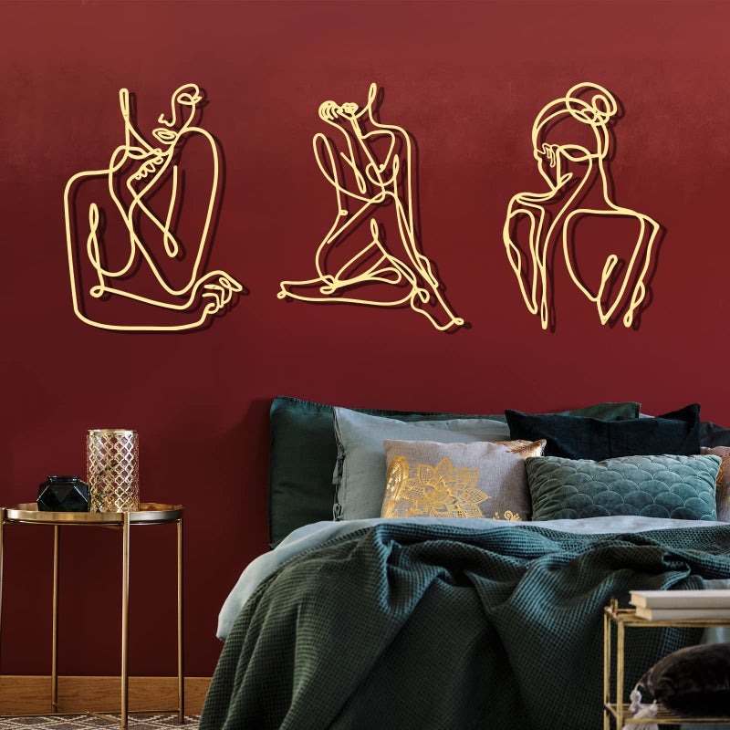Photect 3 Pcs Metal Wall Art Decor Minimalist Abstract Woman Wall Art metal Modern Line Drawing Wall Art Decor Female Single Line Wall Home Hanging for Bedroom Bathroom Living Room Gold Elegant