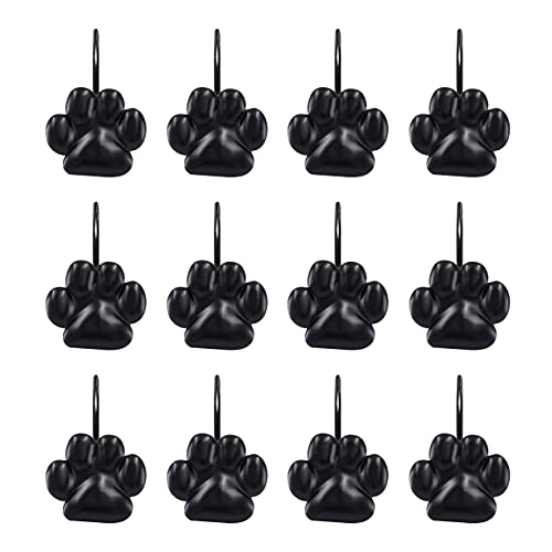 Sunlit Fashion Design Cute Paw Print Polished Shower Curtain Hooks for Dog Cat and Bear, Rust Proof Oil Metal Shower Curtain Rings, Black-12 Pack - Image 1
