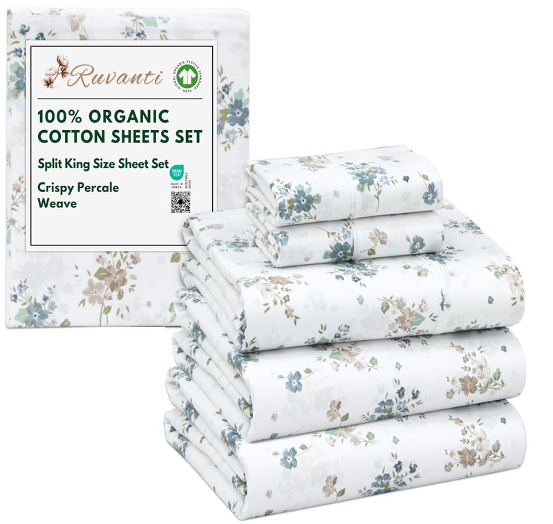 RUVANTI 100% Organic Cotton Sheets Split King, Percale Weave, GOTS Certified, 5-Piece Set, Deep Pocket 15", Crisp & Breathable, Soft Durable Bedding, SÃ¡banas AlgodÃ³n OrgÃ¡nico â€“ Halcyon - Image 1