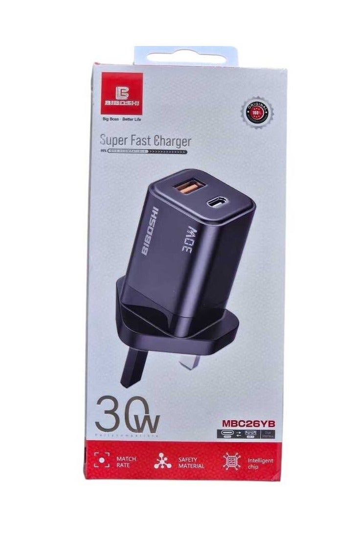 Biboshi 30W Dual Port Fast Wall Charger USB Port and Type C Port Black
