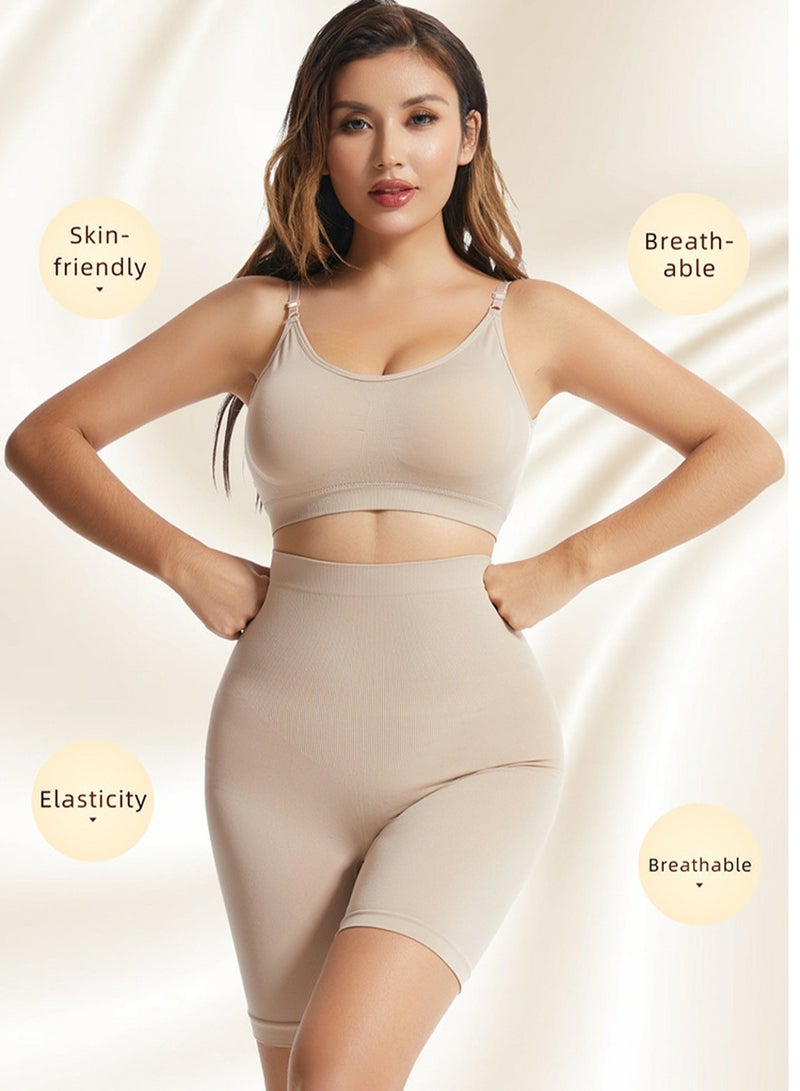 Generic Women's Fitness Set 2-piece Seamless Wireless Bra+High Waisted Legging Shorts Yoga Suit Beige  - Image 1
