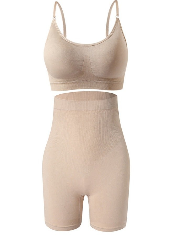 Generic Women's Fitness Set 2-piece Seamless Wireless Bra+High Waisted Legging Shorts Yoga Suit Beige  - Image 2