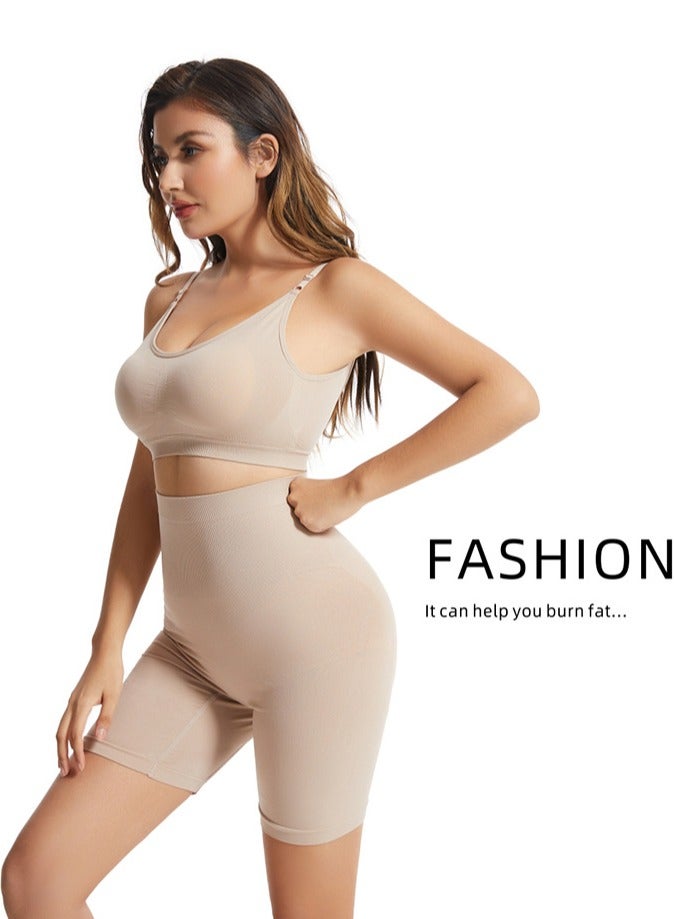 Generic Women's Fitness Set 2-piece Seamless Wireless Bra+High Waisted Legging Shorts Yoga Suit Beige  - Image 3