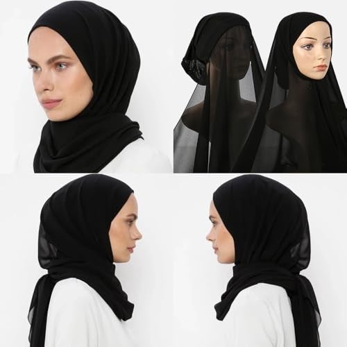 Yeieeo Hijab Scarf for Women with Undercap Set Instant Muslim Chiffon Head Wraps Under Scarves Caps Lightweight Scarf（Black） - Image 5