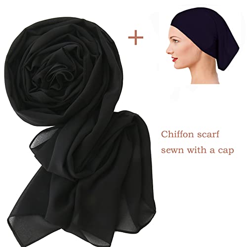 Yeieeo Hijab Scarf for Women with Undercap Set Instant Muslim Chiffon Head Wraps Under Scarves Caps Lightweight Scarf（Black） - Image 2
