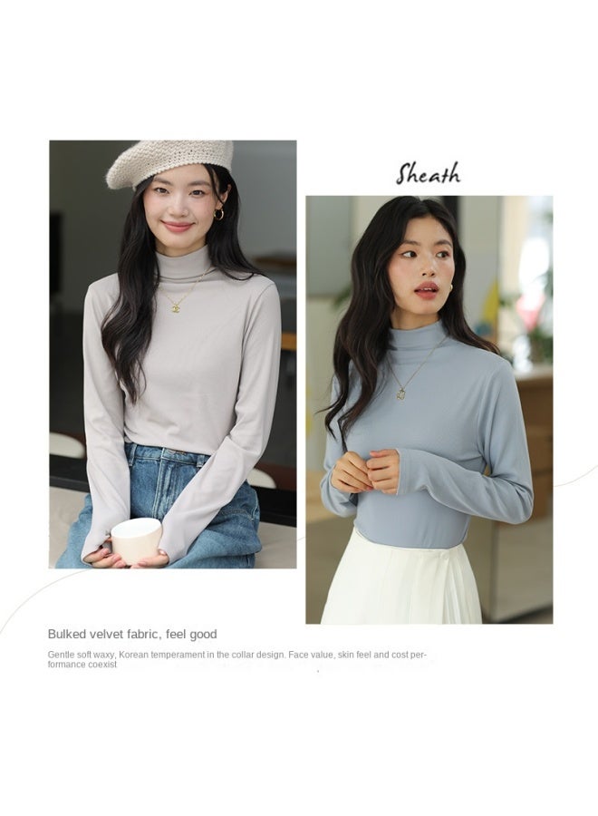 Autumn And Winter Women's Base Layer Top, Casual Outerwear, Puffed Fleece Simple Mid-neck Knitted Sweater, Korean Style Long Sleeve Inner Wear - Image 3