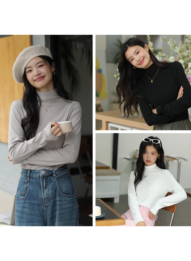 Autumn And Winter Women's Base Layer Top, Casual Outerwear, Puffed Fleece Simple Mid-neck Knitted Sweater, Korean Style Long Sleeve Inner Wear - Image 2