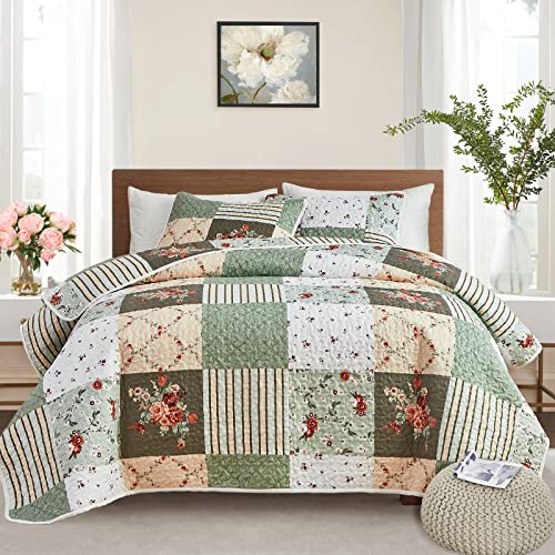 Patchwork Quilt Set FullQueen Size 3 Pieces Green Floral Plaid Summer Bedspread Coverlet Set Soft Microfiber Reversible Lightweight Bed Cover for All Season 90 x 90 1 Quilt 2 Pillow Shams