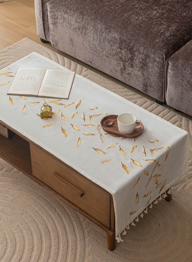 60×180cm Coffee Tablecloth Nordic Rectangle Pastoral Cotton Linen Tea Table Cloth Cover Kitchen Living Room Decor Fabric with Tassels Washer Dryer Fridge Top Dust Cover Grey(Gold Leaf) - Image 1