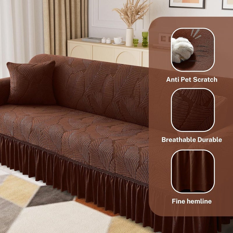 KYDTSYK Stretch Velvet Sofa Slipcover with Skirt, Textured Pattern Couch Cover, Pet - Friendly, Durable & Washable, Universal Furniture Protector for Sofa Large Size (Brown, Extra Large) - Image 4