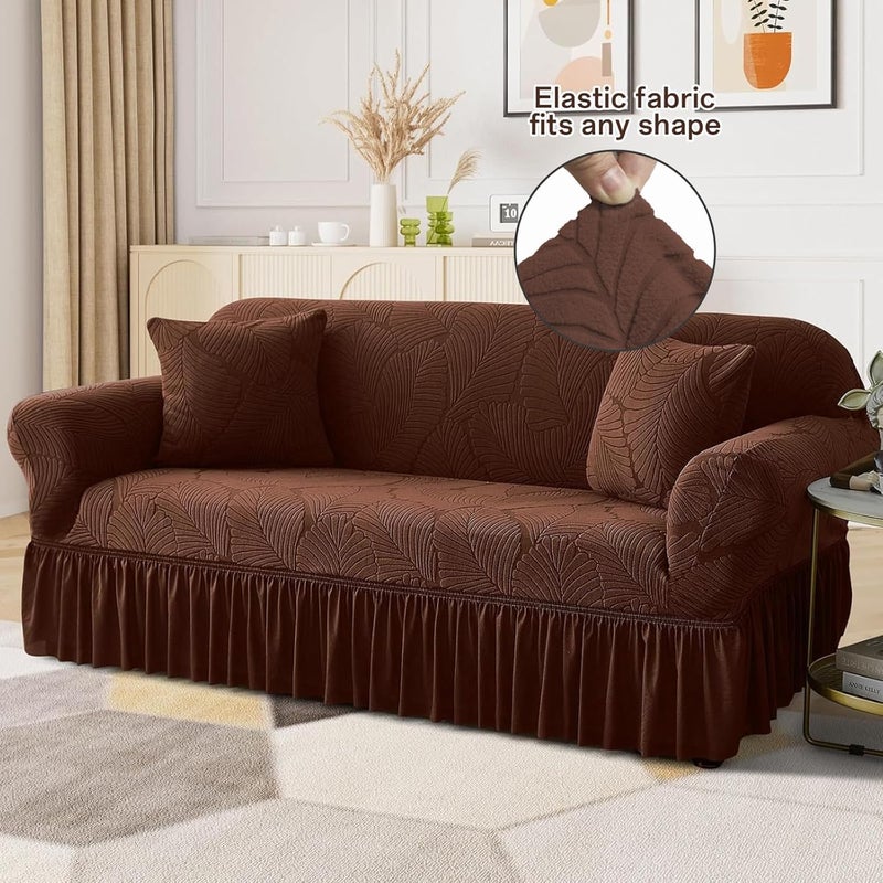 KYDTSYK Stretch Velvet Sofa Slipcover with Skirt, Textured Pattern Couch Cover, Pet - Friendly, Durable & Washable, Universal Furniture Protector for Sofa Large Size (Brown, Extra Large) - Image 2