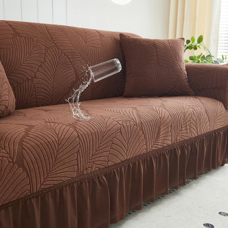 KYDTSYK Stretch Velvet Sofa Slipcover with Skirt, Textured Pattern Couch Cover, Pet - Friendly, Durable & Washable, Universal Furniture Protector for Sofa Large Size (Brown, Extra Large) - Image 1