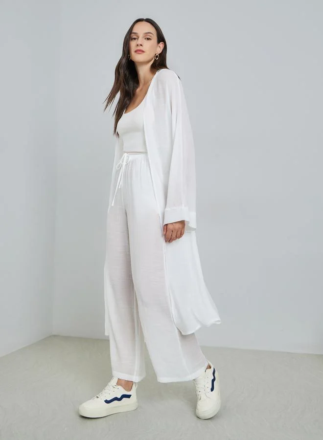 تايك تو Women's Solid Open Front Midi Kimono With Drawstring Waist Pants Set