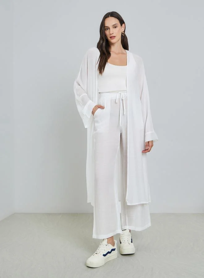 تايك تو Women's Solid Open Front Midi Kimono With Drawstring Waist Pants Set