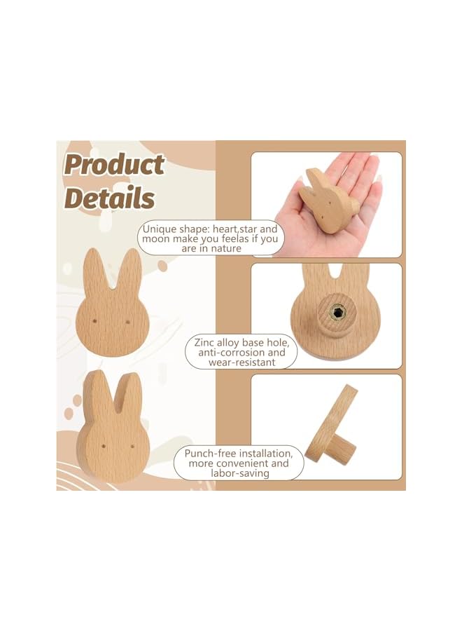 S-TOP Pack of 6 Rabbit Shaped Wooden Knobs Single Hole Beech Wood Handles Wooden Cabinet Cabinet Handles Knobs for Dresser with Screws & Expansion Tube - Image 2