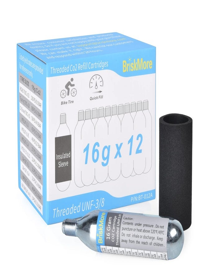 BriskMore Threaded CO2 Cartridges 16g - for All CO2 Bike Tire Inflators with Threaded Connection - Refill for Bicycle Tires - 12PCS Cartridges, Insulated Sleeve Included,Inflator Valve NOT Included. - Image 1
