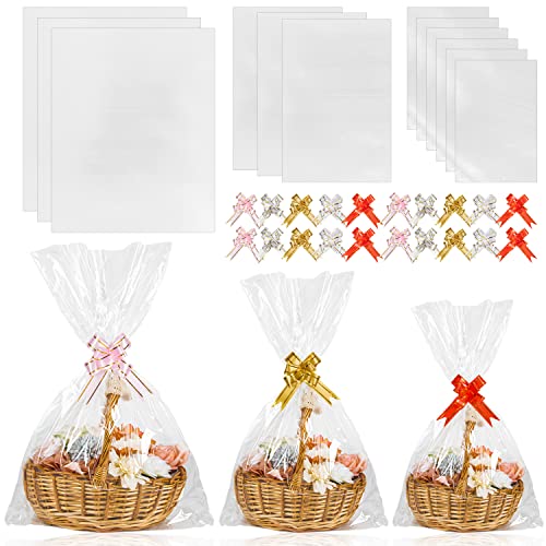 Labeol 50pcs Cellophane Bags 3 Sizes Cellophane Wrap for Gift Baskets 24x30 16x24 12x18 Large Clear Plastic Packaging Bags with 50 Pull Bows for Gift Wrapping - Image 1