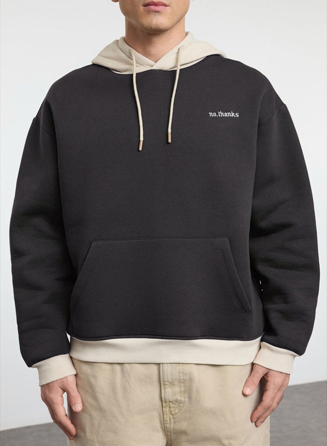 trendyol Anthracite Oversize/Wide Cut Hooded Polar Fleece Inside Color Block Embroidered Sweatshirt - Image 1