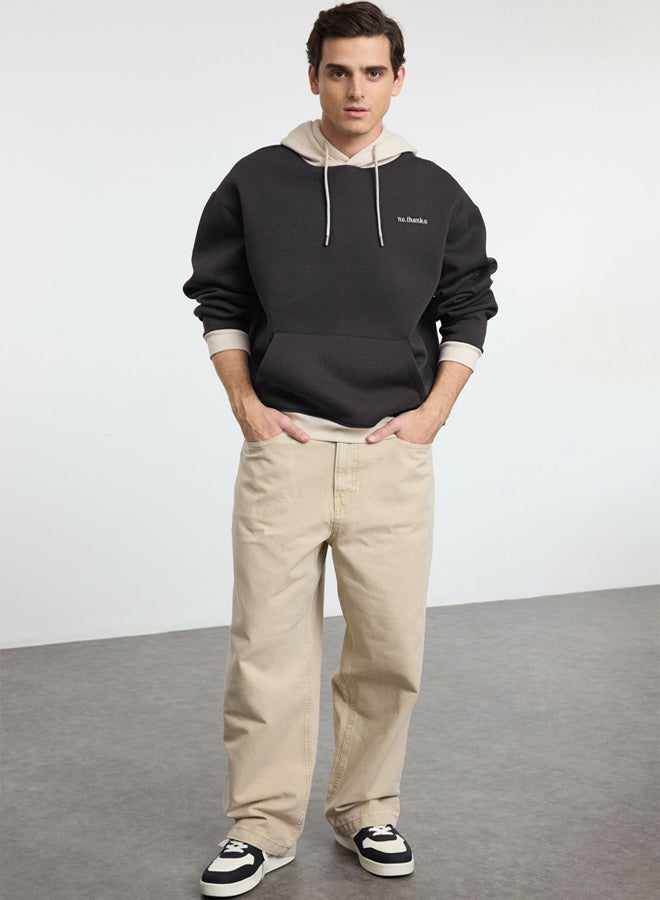 trendyol Anthracite Oversize/Wide Cut Hooded Polar Fleece Inside Color Block Embroidered Sweatshirt - Image 3