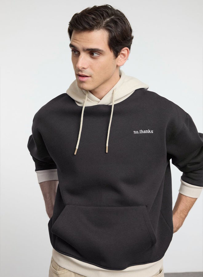 trendyol Anthracite Oversize/Wide Cut Hooded Polar Fleece Inside Color Block Embroidered Sweatshirt - Image 2