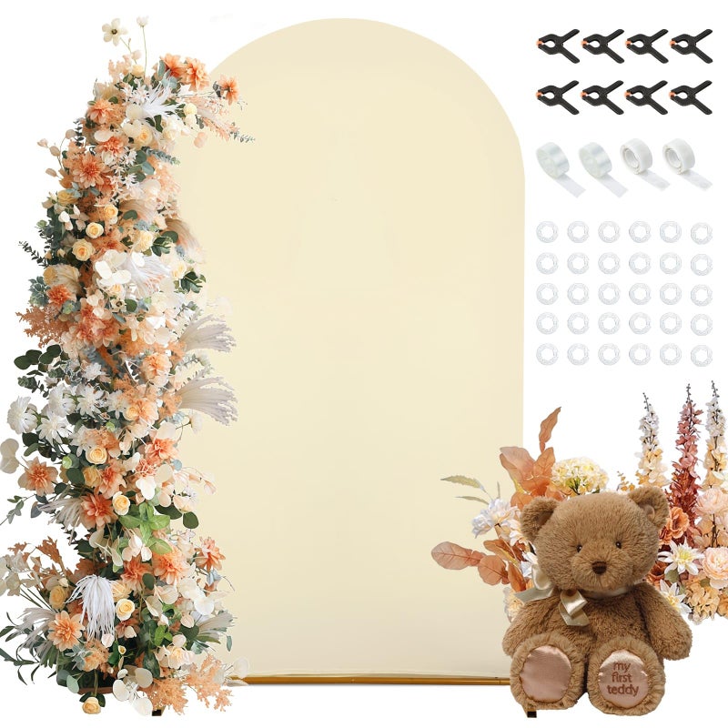 Dexpinzo 7.2FT Arch Backdrop Cover, Beige Spandex Arch Stand Cover Stretchy Metal Arch Backdrop Cover with Balloon Tie Tool for Wedding Ceremony Baby Shower Birthday Party Photo Background Arch Decorations - Image 1