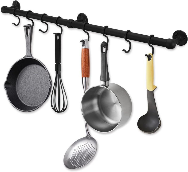 ROTHLEY Hanging Pot Rack Hanger: 23.7 Inch Stainless Steel Pot and Pan Hanger Pot Rack Wall Mounted Hanging Pots and Pans Rack Pot Hangers for Kitchen Wall Kitchen Rail with Hooks（Matt Black） - Image 1