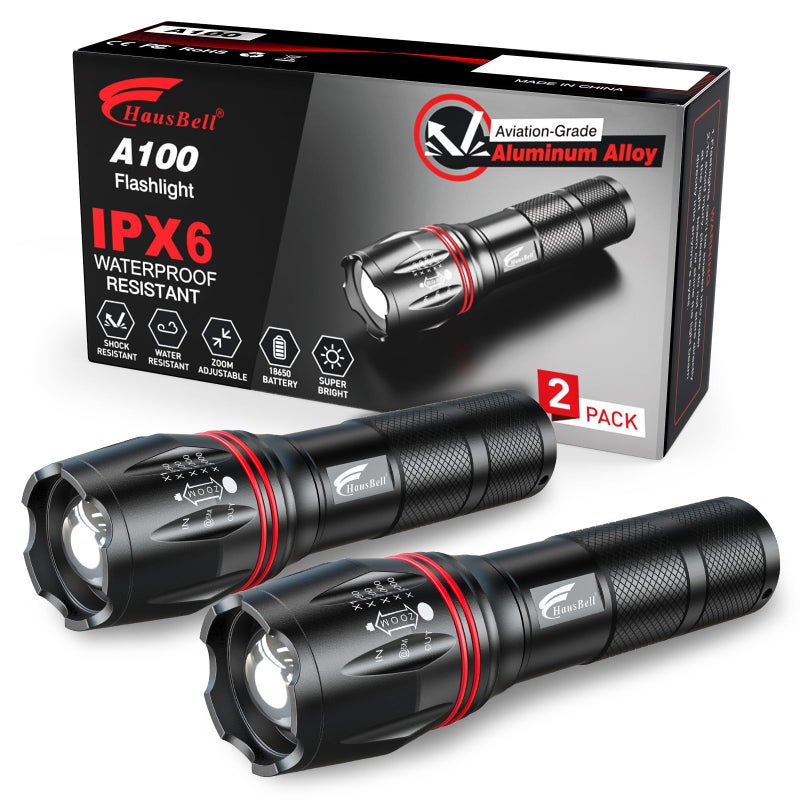 HAUSBELL A100 LED EDC Flashlights High LumensBright Zoomable Waterproof Powerful Emergency Tactical LED Flashlights for Home and 5 Modes Flashlight for Camping GearHikingWalking2Pack