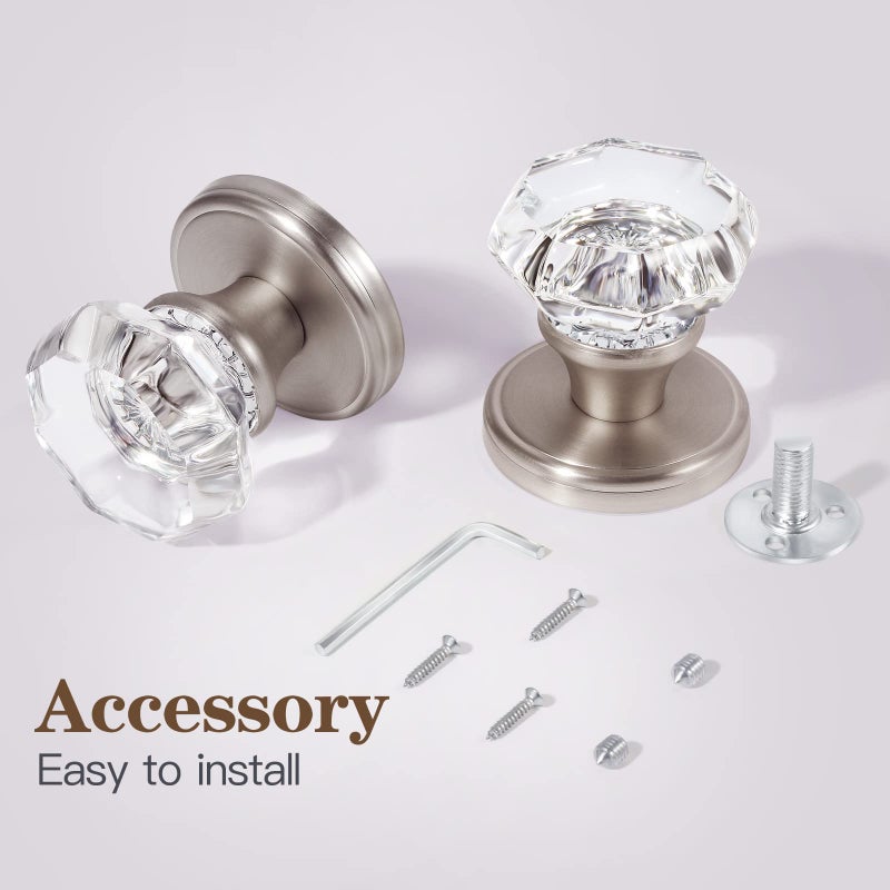 Clctk 2 Pack Crystal Dummy Door Knobs, Non-Turning Single Side Dummy Door Knob, Brushed Nickel - Image 3