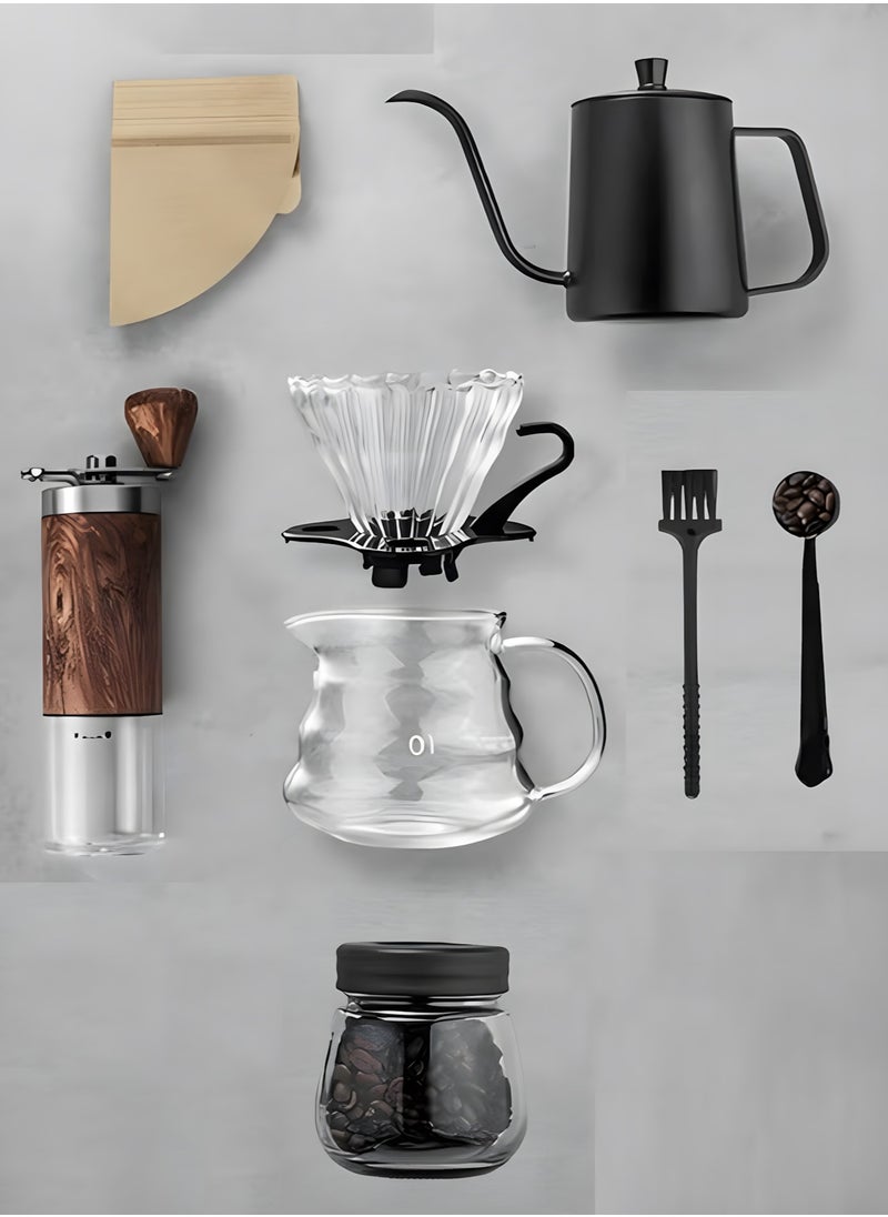 Generic - V60 Coffee Brewing Kit with 600ml Pot & Wooden Grinder | 8-Piece All-in-One Set - Image 1
