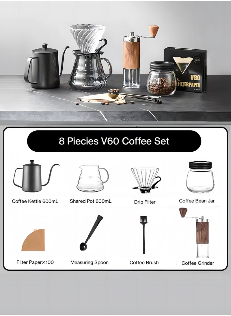 Generic - V60 Coffee Brewing Kit with 600ml Pot & Wooden Grinder | 8-Piece All-in-One Set - Image 1
