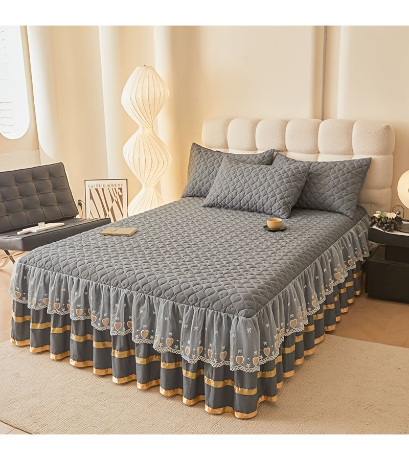 3pcs Premium Luxury Bed Skirt Set Beige Quilted Padded Lace Trim Includes Bed Skirt And 2 Pillowcases Skin Friendly Breathable Soft Comfortable Thickened Warm Bedding For Autumn Winter Non Slip Mattress Protector 55 12 X 78 74 Inches - Image 2