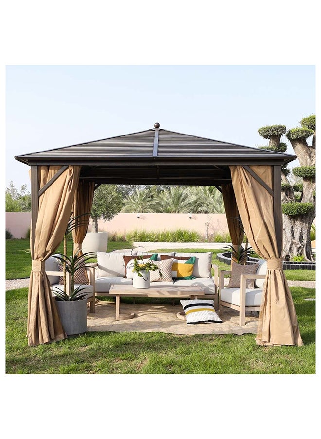 DANUBE HOME Marhaba Metal Gazebo Without Seating Steel Frame Galvanized Metal Roof With Curtain Weather Resistant Garden Canopy With Mosquito Net Modern Design Outdoor Furniture 3X3 M Beige  - Image 1