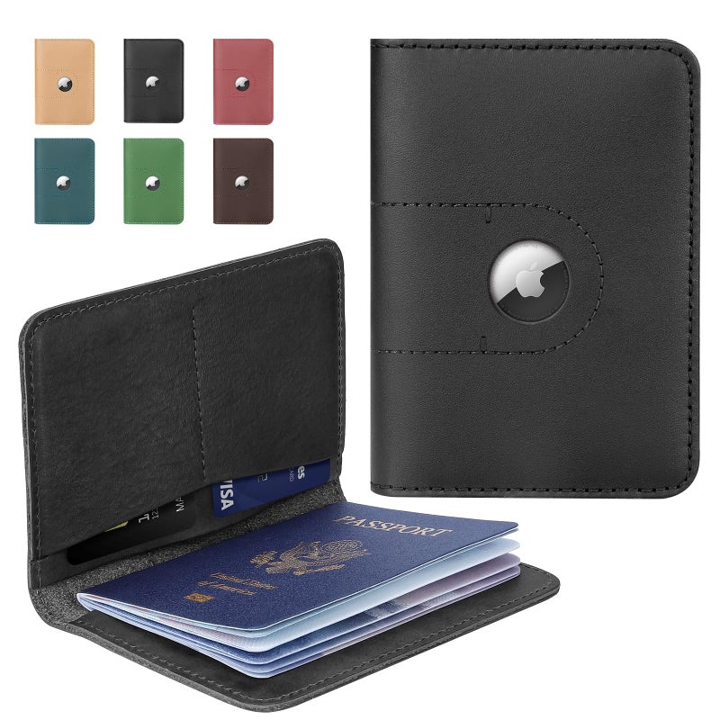 ALLIVE Passport Holder for Travel, Genuine Leather Passport Holder with AirTag Slot for Women and Men, Passport Cover Wallet for Travel Must-Haves, Airport Essentials, Travel Gifts, Black - Image 1